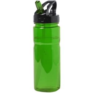 A drink bottle in bright green plastic with a black lid and a flip-top straw opening. It features a logo.