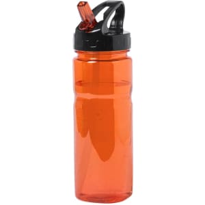 A drink bottle in vibrant orange with a black lid and straw, featuring a simple design and a logo.