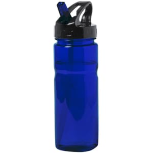 A drink bottle in vibrant blue with a black lid and straw, featuring a logo on the side.