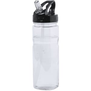 A drink bottle in clear plastic with a black lid and straw, featuring a logo on the front.