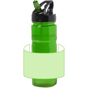 A drink bottle in bright green with a black lid and a straw, featuring a space for branding or labels.