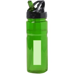 A drink bottle in bright green with a black lid and a built-in straw, featuring a space for branding.