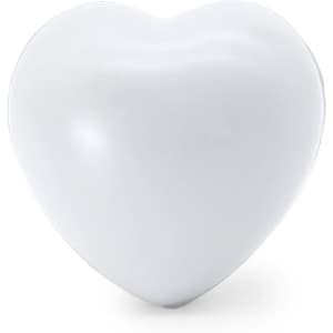 A white heart-shaped stress ball with a smooth surface, featuring a logo on one side.