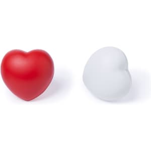 Two heart-shaped stress balls, one red and one white, featuring a smooth, soft texture.