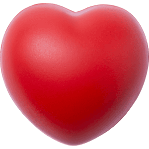 A red heart-shaped stress relief toy with a smooth finish. It has a logo on its surface.