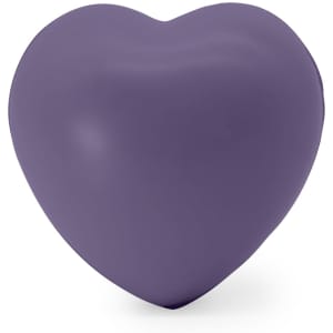 A purple stress ball in the shape of a heart, featuring a smooth surface. It has no visible branding.