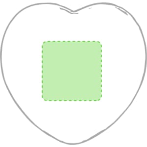 A heart-shaped stress relief toy in white with a green square in the centre, featuring a dotted outline.