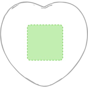 A heart-shaped stress relief toy in white with a green square in the centre. It features a simple outline design.