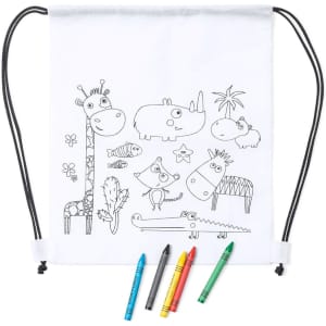 A white drawstring bag featuring animal illustrations and five coloured crayons: red, yellow, green, blue, and orange.