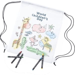A white drawstring bag featuring playful animal illustrations and a design for Children's Day, accompanied by colourful crayons.