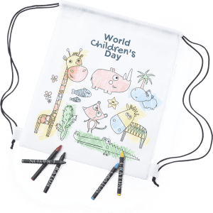 A white drawstring bag featuring cartoon animals and a logo, accompanied by four crayons in various colours.