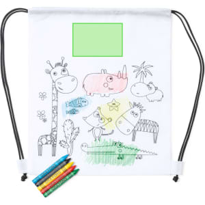 A white drawstring bag featuring animal illustrations and a blank section for colouring, with coloured crayons in red, blue, green, and yellow.