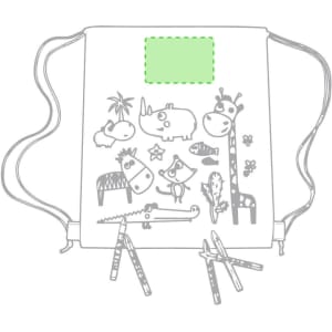 A grey drawstring bag featuring playful animal illustrations, including a giraffe, rhinoceros, and crocodile. It has a branding area.