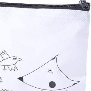 A white pencil case featuring whimsical black illustrations of animals and a zip closure.