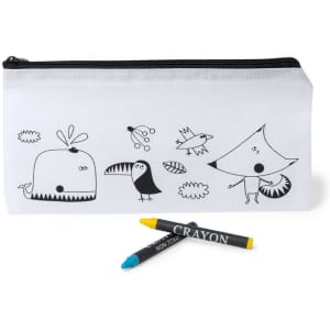 A white pencil case with playful animal illustrations, featuring a whale, bird, and fox, alongside two vibrant crayons.