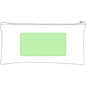 A slim white pencil case with a green patch for customisation, featuring a zip closure.