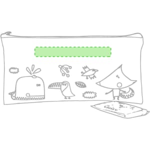 A pencil case in light green featuring whimsical illustrations of a whale, bird, and a character, with a logo.