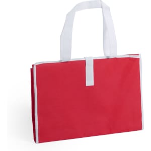 A red tote bag with white straps, featuring a folded design and a simple closure. It has a branding logo.