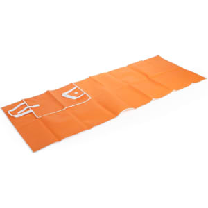 An orange picnic rug featuring a simple design and a logo on it, suitable for outdoor leisure activities.
