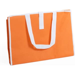 An orange bag with white handles, featuring a simple design and a logo. Suitable for outdoor use.