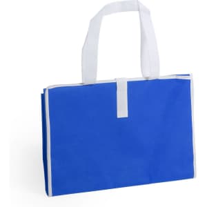 A blue bag with white handles and trim, featuring a simple, practical design. It has a fastening tab.