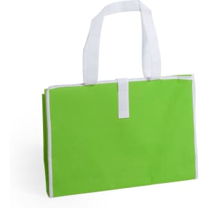 A bright green picnic rug bag with white handles, ideal for outdoor leisure activities. It features a branding logo.