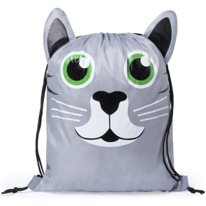 A grey drawstring bag featuring a cat face design with large green eyes and black detailing.