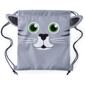 A grey drawstring bag featuring a cartoon cat face with large green eyes and black whiskers.