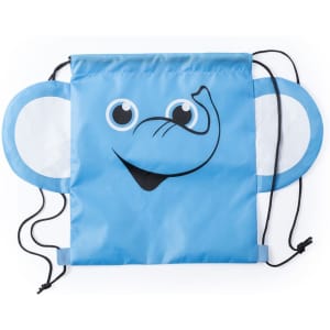 A blue drawstring bag featuring a smiling elephant design with large ears. It has a simple logo.