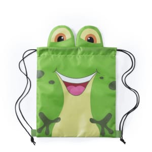 A green drawstring bag featuring a smiling frog design with large eyes and ears at the top.