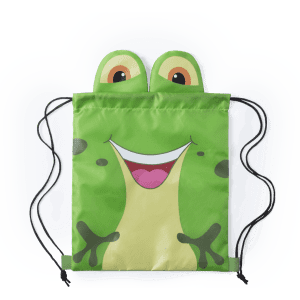 A green drawstring bag featuring a frog design with eyes and a smiling mouth, complete with black drawstrings.