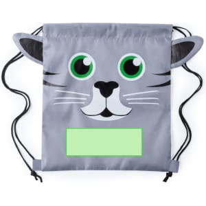 A grey drawstring bag featuring a cat face design with large green eyes and black accents. It has a branding logo.