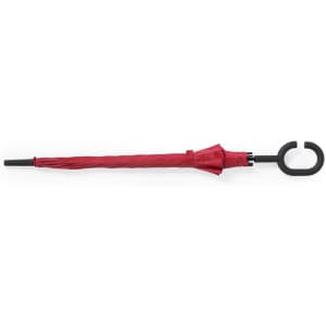 A red umbrella with a black handle and a curved hook, featuring a simplistic design.
