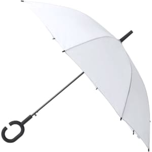 A white umbrella with a black handle, featuring an ergonomic design and a sturdy metal frame.