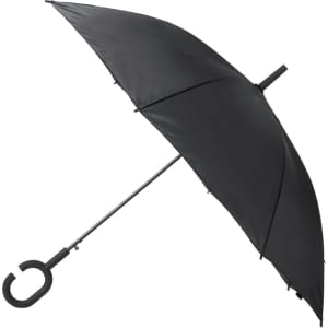 A black umbrella with a curved handle and a metallic frame, featuring a logo on the canopy.