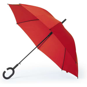 A red Halrum umbrella with a curved black handle, featuring a sleek design suitable for leisure and outdoor use.