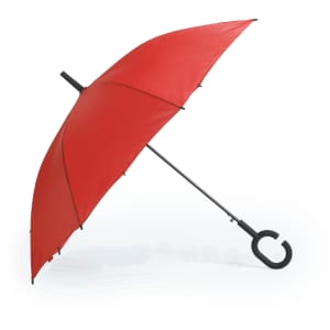A red umbrella with a black handle and a curved grip, featuring a logo. Ideal for leisure and outdoor use.