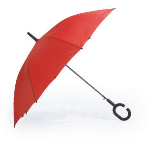 A red umbrella with a black handle, featuring a curved design and a simple logo.