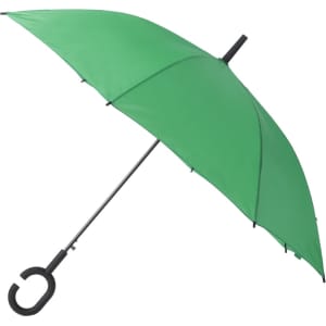A green Halrum umbrella with a curved black handle and a sleek design. It features a simple branding logo.