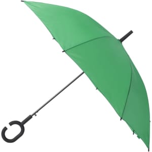 A green umbrella with a black handle and a curved grip, featuring a sleek design and a logo.