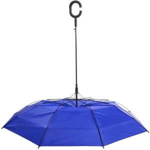 A blue umbrella featuring a C-shaped handle and a black frame. It has a curved design and a seamless canopy.