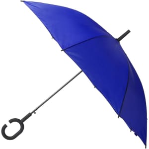 A blue umbrella with a black handle and a curved grip, featuring a simple design and a central shaft.
