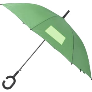 A green umbrella with a curved black handle and a simple design, featuring a logo on the canopy.