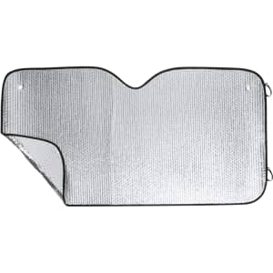 A reflective silver sunshade with a black trim, designed for leisure and outdoor use. It features a curved shape.