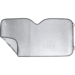 A silver sunshade with a black edge, featuring a cut-out design for windscreen use, suitable for leisure and outdoors.