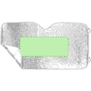 A green sunshade with a textured pattern and a logo, featuring a curved top edge.