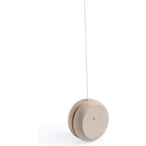 A wooden yoyo in natural colour, featuring a string attached for play. It has a simple, round design.