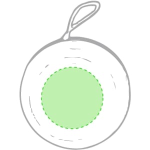 A round, green and white yoyo with a loop for string attachment and a simple design. It features a logo on its surface.