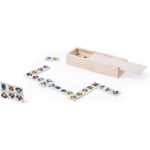 A wooden box contains colourful dominoes with animal illustrations, arranged in a zigzag pattern on a surface.