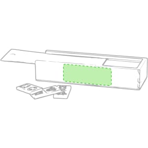 A wooden dominoes set in a box, featuring light green accents and several domino tiles scattered nearby.